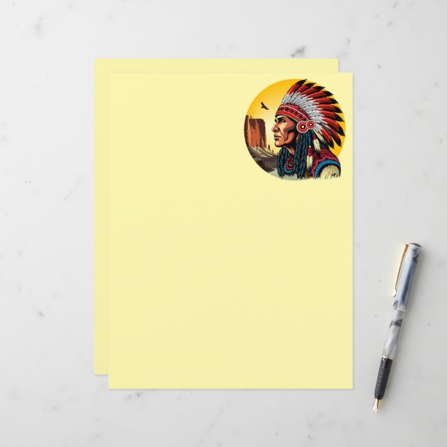 Lámina Jefe nativo americano en el salvaje atardecer pais (Anverso/Reverso In Situ)