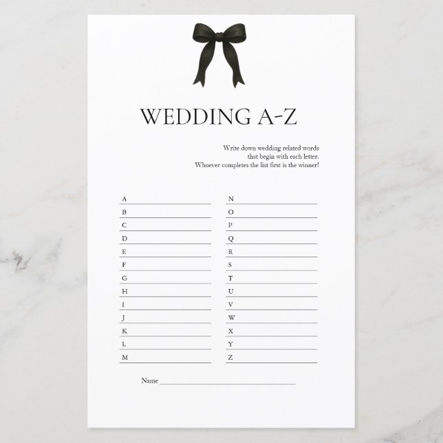 Lámina Juego A-Z del Boda de Bow negro | Ducha nupcial mo (Anverso)