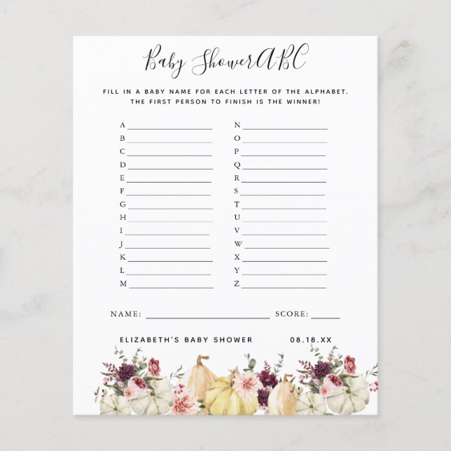 Lámina Juego ABC | Juego de Baby Shower de calabaza flora (Anverso)