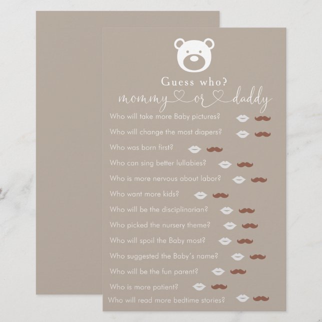 Lámina Juego "Adivina quién" de Bearly Wait Baby Shower (Anverso / Reverso)