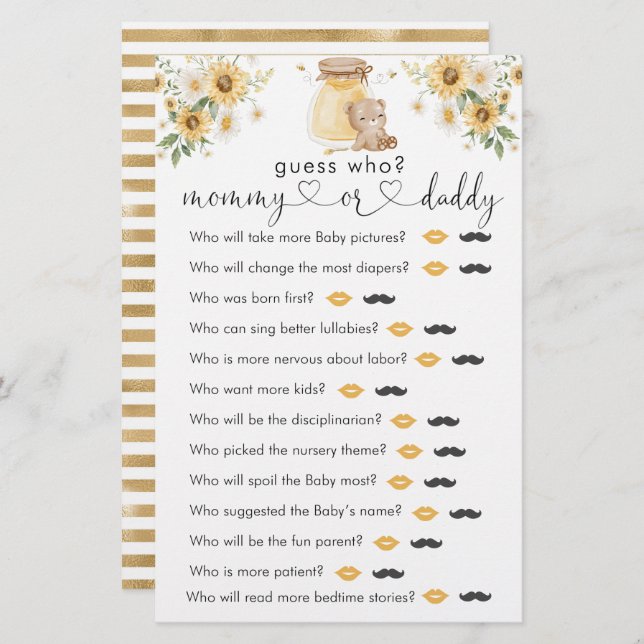 Lámina Juego "Adivina quién" de Honey Bear Baby Shower (Anverso / Reverso)