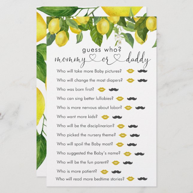 Lámina Juego "Adivina quién" de Lemon Baby Shower (Anverso / Reverso)