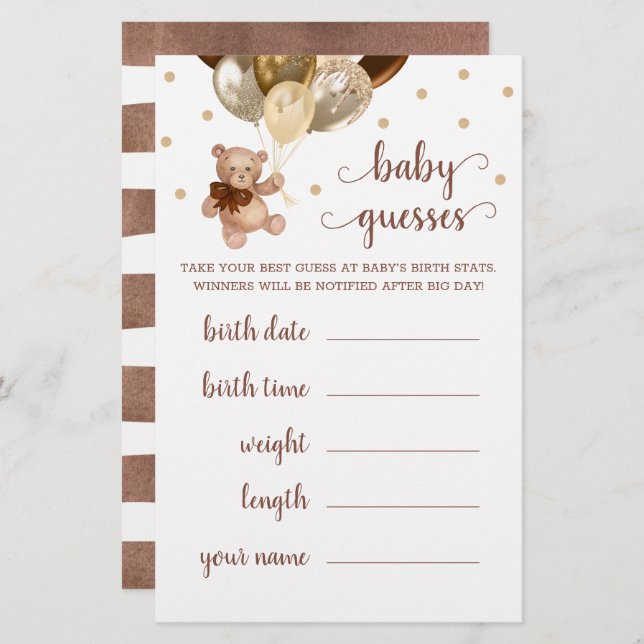 Lámina Juego Baby Guesses Baby Shower Teddy Bear (Anverso / Reverso)