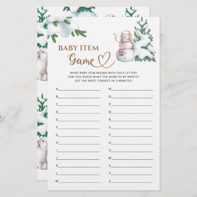 Lámina Juego Baby Item Winter Baby Shower Game. (Anverso / Reverso)