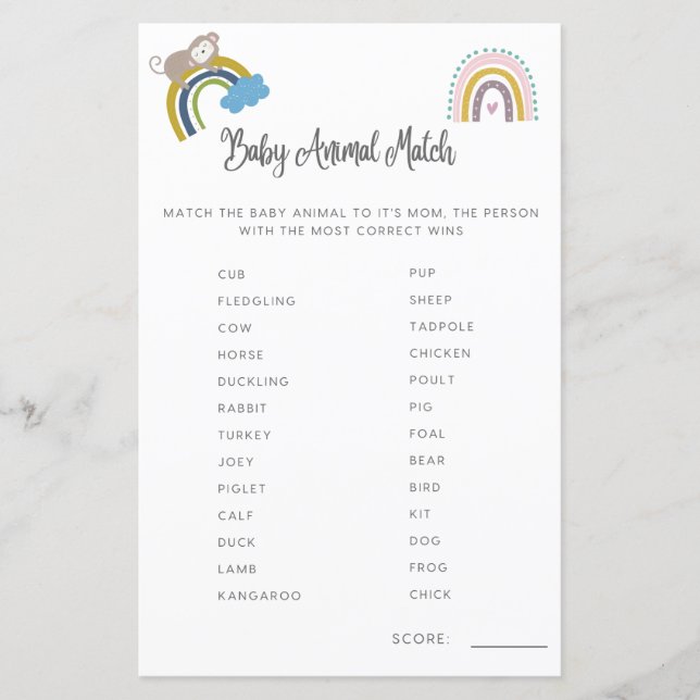 Lámina Juego Baby Shower Baby Animal Match Género Neutral (Anverso)
