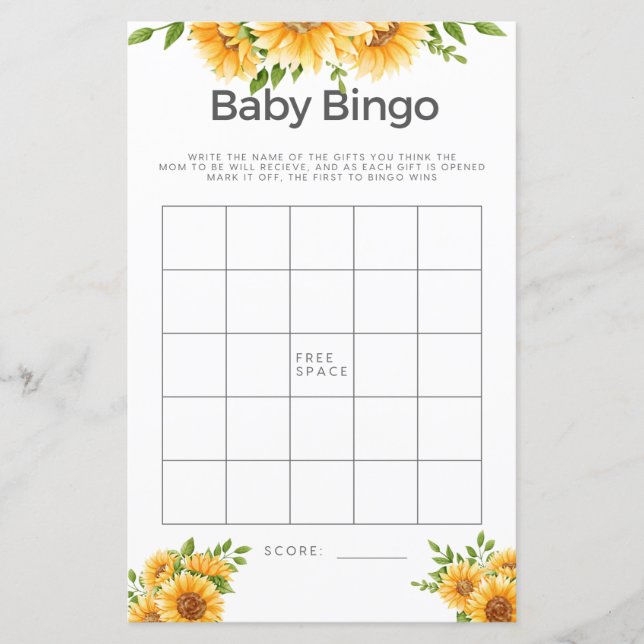 Lámina Juego Baby Shower Bingo Yellow Sunflower (Anverso)