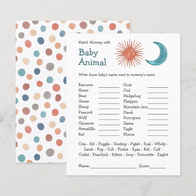 Lámina Juego Baby Shower Match Mommy & Baby Boho Sun Moon (Anverso / Reverso)