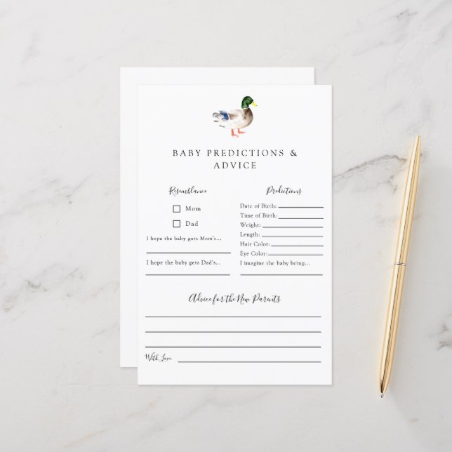 Lámina Juego Baby Shower Predictions & Advice Duck (Anverso/Reverso In Situ)