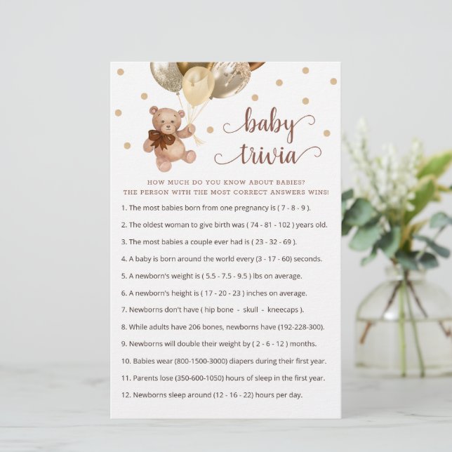 Lámina Juego Baby Trivia Baby Shower Teddy Bear (Anverso de pie)
