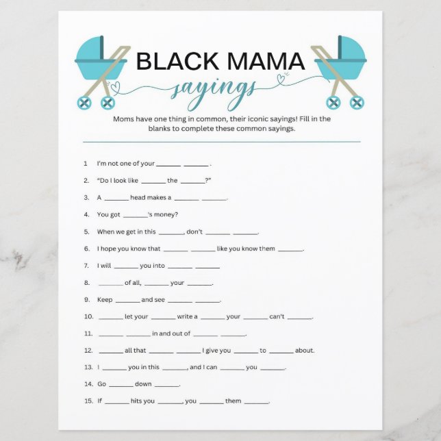 Lámina Juego Black Mama Sayings, juego Black Baby Shower (Anverso)