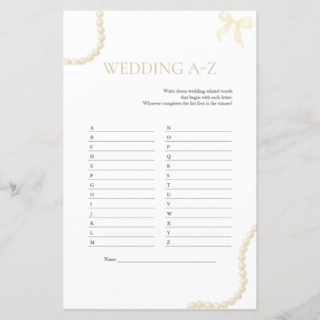 Lámina Juego boda A a Z | Pearls & Prosecco Shower (Anverso)