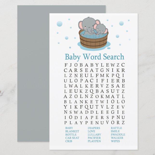Lámina Juego Cute Elephant Baby Shower Word Search (Anverso / Reverso)