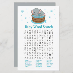Lámina Juego Cute Elephant Baby Shower Word Search
