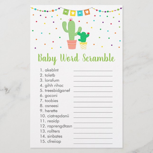 Lámina Juego Cute Fiesta Cactus Baby Shower Word Scramble (Anverso)