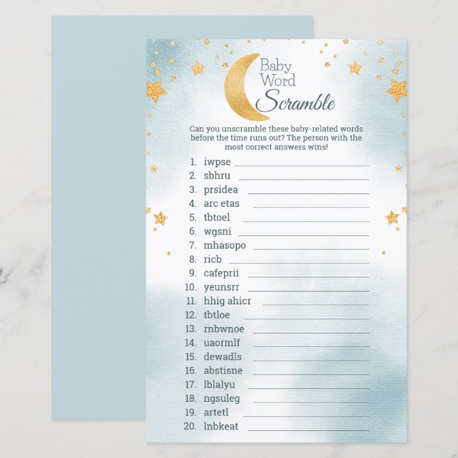 Lámina Juego Cute Over the Moon Baby Shower Word Scramble (Anverso / Reverso)