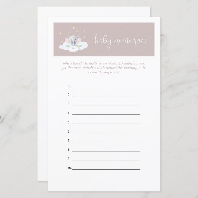 Lámina Juego de adivinación para Elephant Baby Shower Gam (Anverso / Reverso)