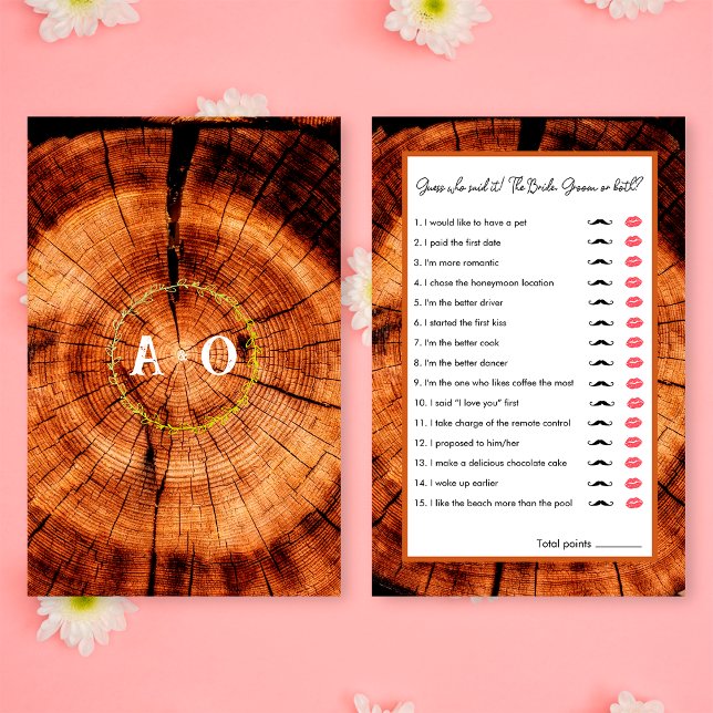 Lámina Juego de adivinanza de boda rústica de madera para (Front/Back)