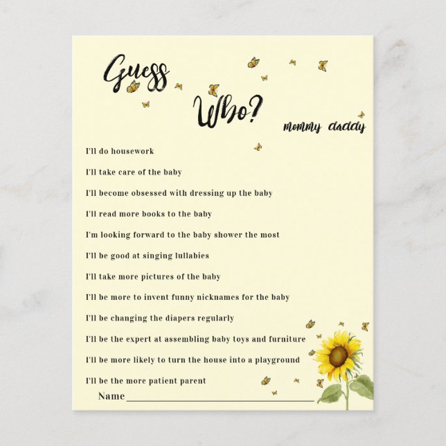 Lámina Juego de adivinanza para baby shower de girasol y  (Anverso)