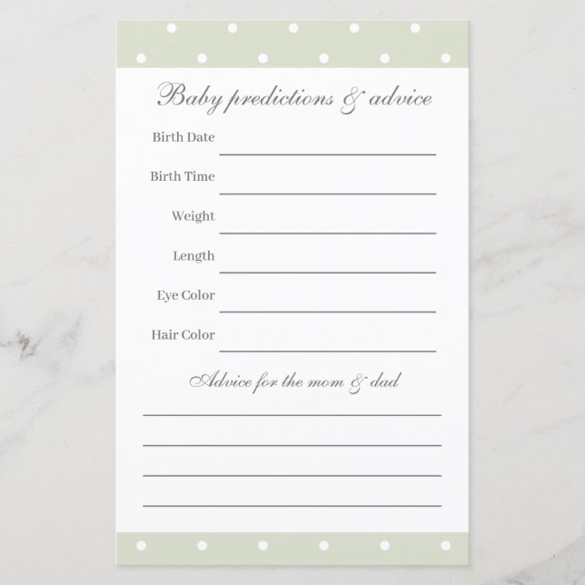 Lámina Juego de adivinanzas Baby Shower verde de sabio li (Anverso)