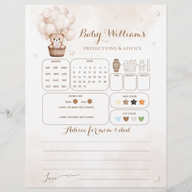 Lámina Juego de adivinanzas de Baby Shower con globo de o (Anverso)