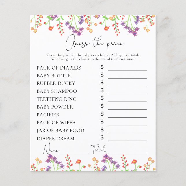 Lámina Juego de adivinanzas de precios de flores silvestr (Anverso)