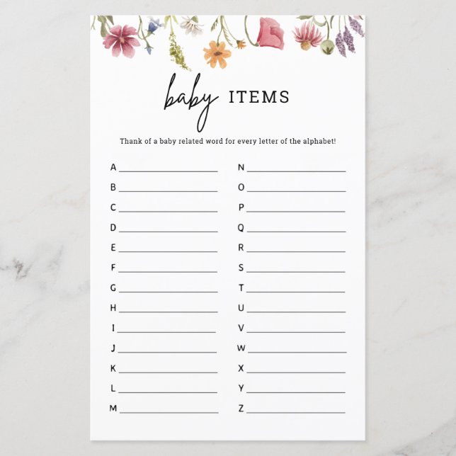 Lámina Juego de Alfabeto para el bebé de Baby Shower con  (Anverso)