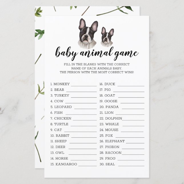 Lámina Juego de animales bebés Bulldog francés Baby Showe (Anverso / Reverso)