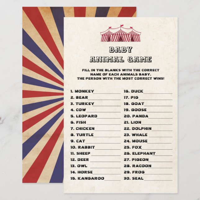 Lámina Juego de animales bebés Circo Carnaval Baby Shower (Anverso / Reverso)