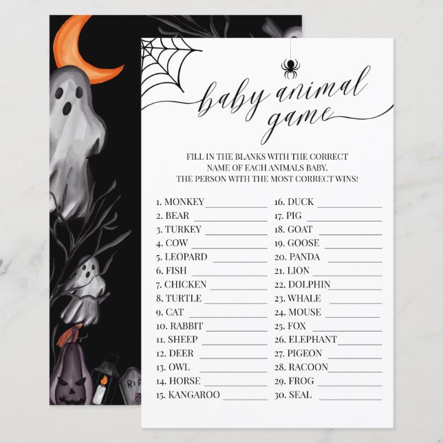 Lámina Juego de animales bebés Halloween Little Boo Baby  (Anverso / Reverso)