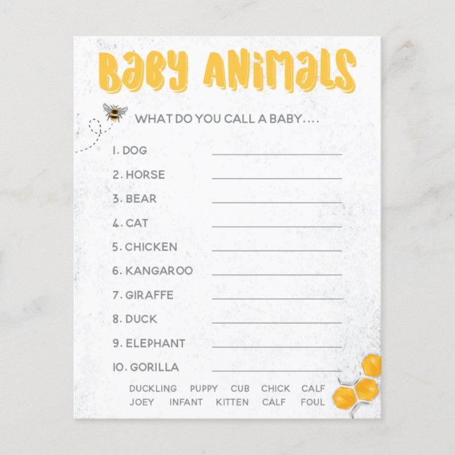 Lámina Juego de animales para bebés con ducha amarilla du (Anverso)