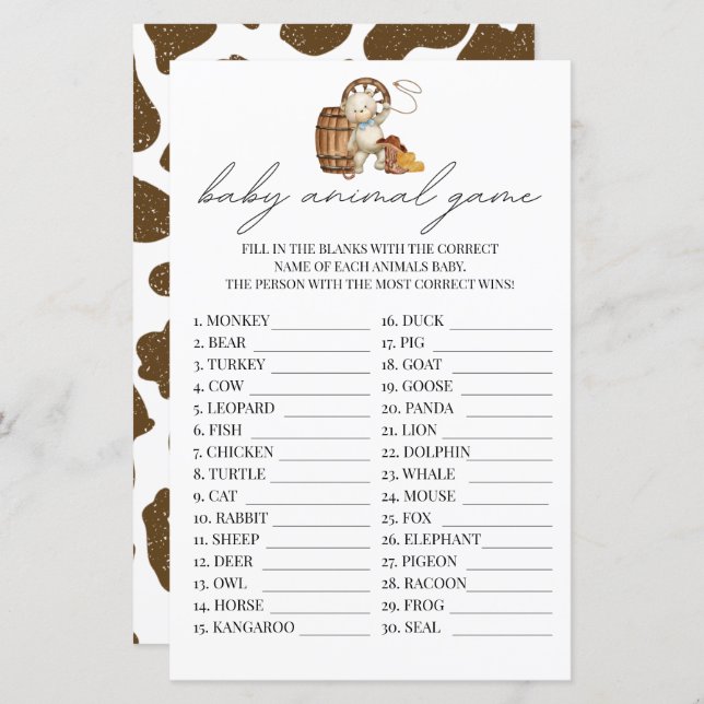 Lámina Juego de animales para bebés Rústico de vaquero pe (Anverso / Reverso)