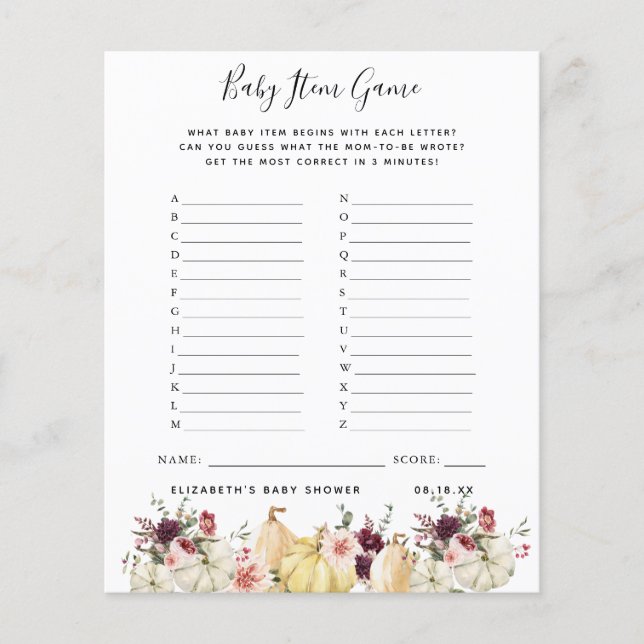 Lámina Juego de artículos para bebés | Juego Baby Shower (Anverso)