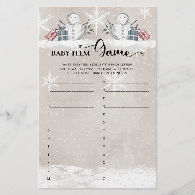 Lámina Juego de Baby Item Snowman Baby Shower (Anverso)