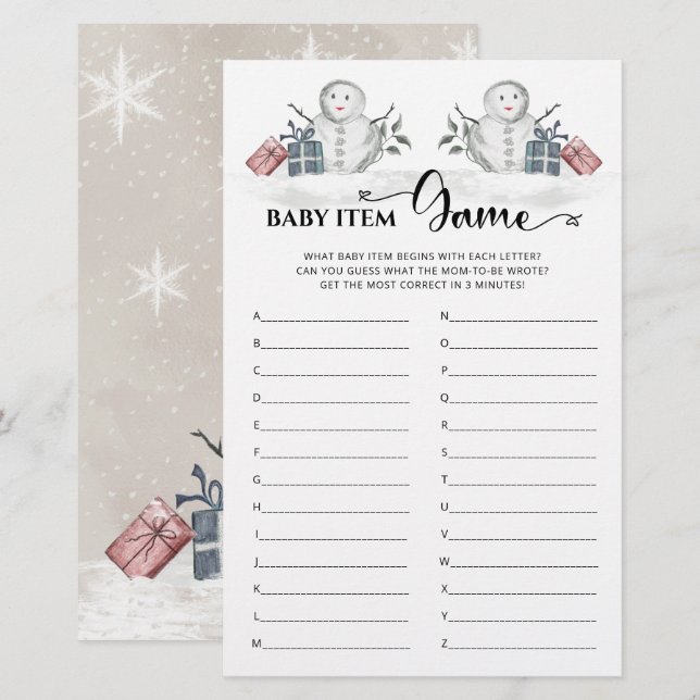 Lámina Juego de Baby Item Snowman Baby Shower (Anverso / Reverso)