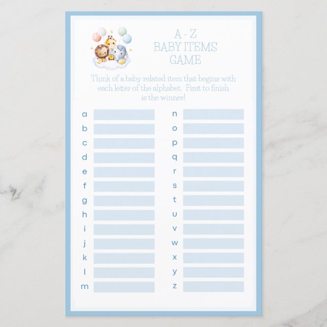 Lámina Juego de Baby Shower A-Z para animales de globos d (Anverso)