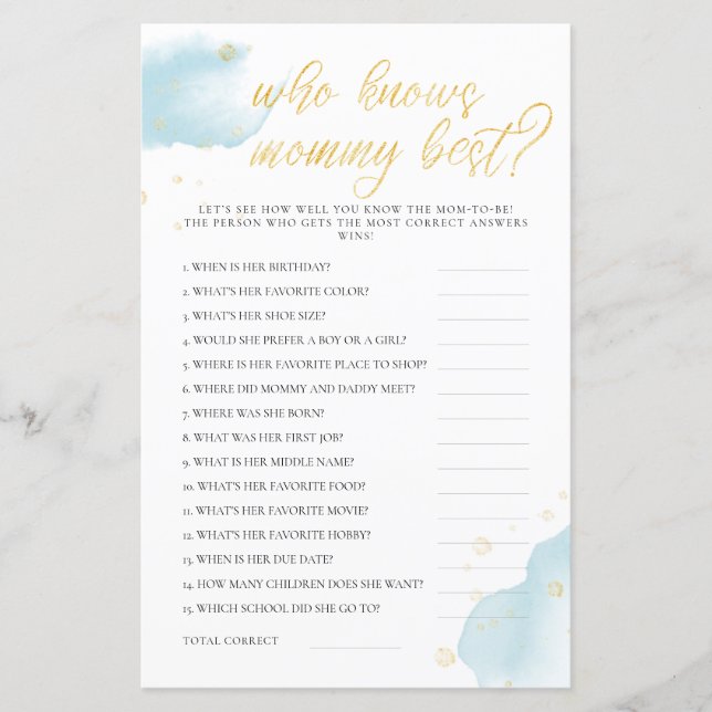 Lámina Juego de Baby Shower azul invernal que conoce mejo (Anverso)