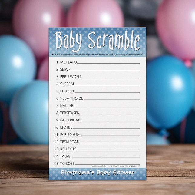 Lámina Juego de Baby Shower - Azul - Word Scramble (Custom Shower Game)