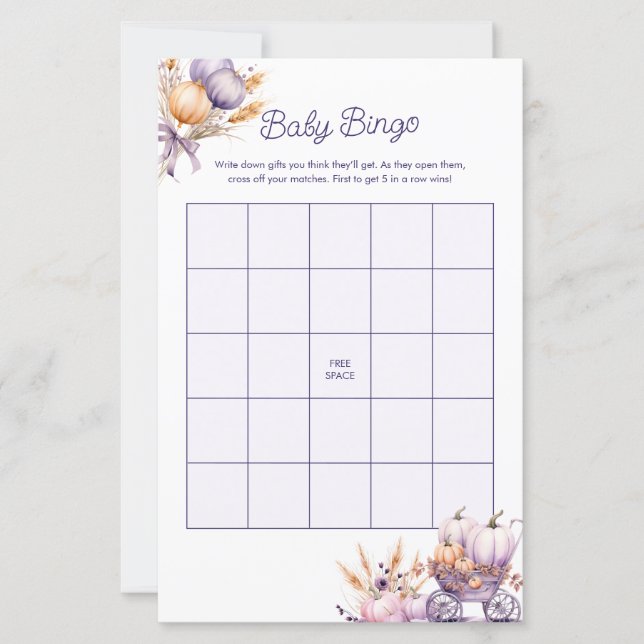 Lámina Juego de Baby Shower Baby Bingo Fall Purple Pumpki (Anverso)