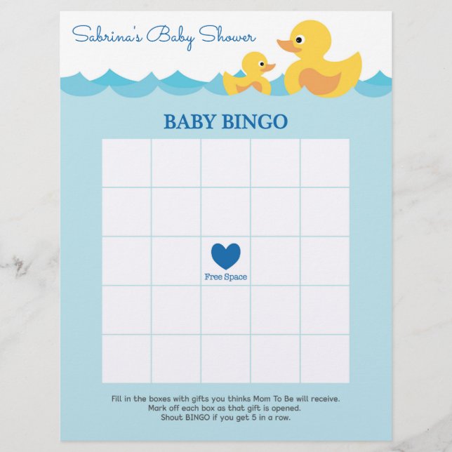 Lámina Juego de Baby Shower Baby Bingo Rubber Duck (Anverso)