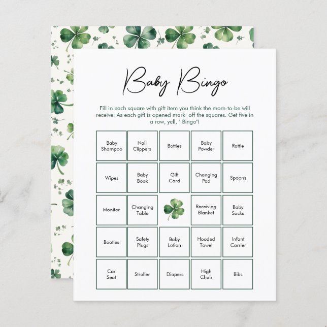 Lámina Juego de Baby Shower Baby Bingo St. Patrick's Day (Anverso / Reverso)