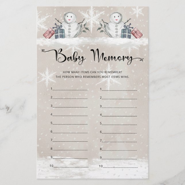 Lámina Juego de Baby Shower Baby Memory Snowman (Anverso)