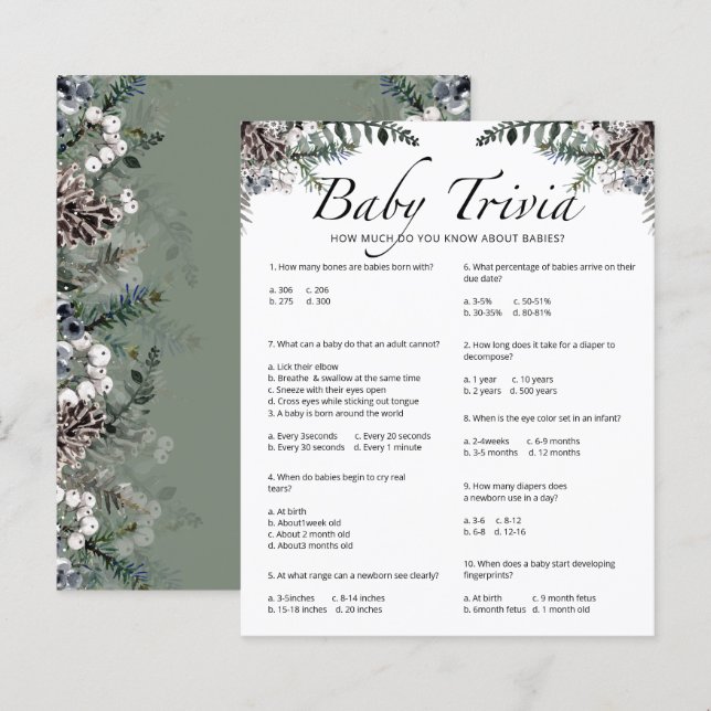 Lámina Juego de Baby Shower Baby Trivia Winter (Anverso / Reverso)