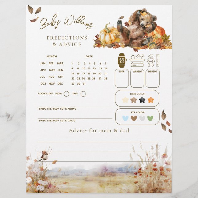 Lámina Juego de Baby Shower Bearly Wait Fall Woodland (Anverso)