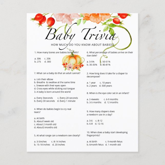Lámina Juego de Baby Shower Bebé Trivia (Anverso)