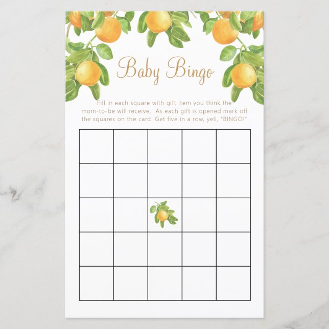Lámina Juego de Baby Shower Bingo Little Cutie Citrus (Anverso)
