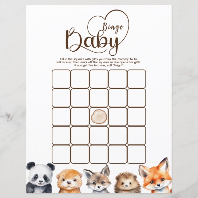 Lámina Juego de Baby Shower Bingo Woodland Animals (Anverso)