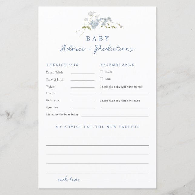 Lámina Juego de Baby Shower Blue Floral Advice Prediction (Anverso)