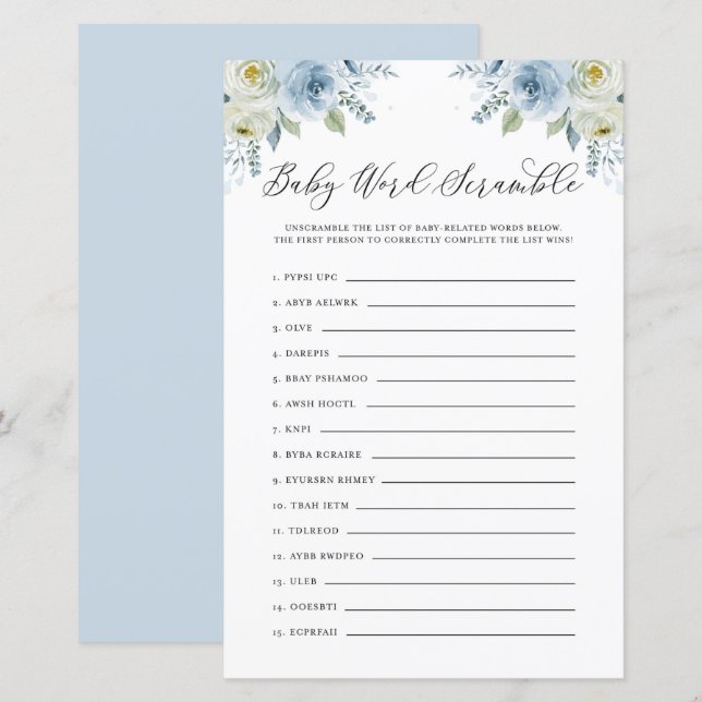 Lámina Juego de Baby Shower Blue Floral Baby Word Scrambl (Anverso / Reverso)