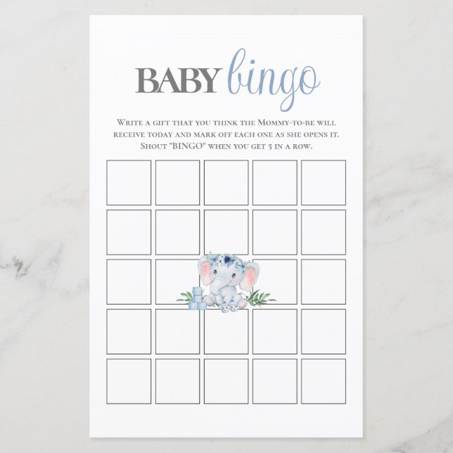 Lámina Juego de Baby Shower Blue Floral Elephant Bingo (Anverso)