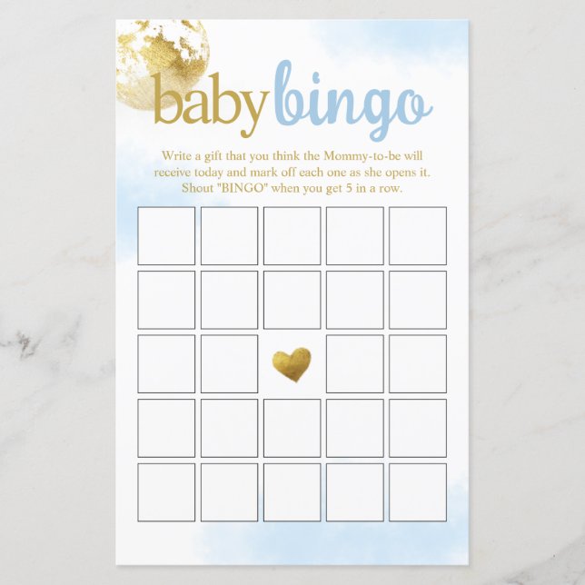 Lámina Juego de Baby Shower Blue Over the Moon Baby Bingo (Anverso)